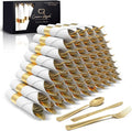 Prestee 100 Piece Gold Plastic Silverware Set - 25 Pre-Rolled Plastic Utensils Set with Forks, Knives, Spoons, and White Napkins - Fancy Disposable Flatware for Dinner Parties, Weddings, and Events