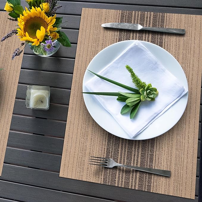 Winknowl Placemats, Set of 6 Heat Resistant Stain Resistant Woven Vinyl Insulation Place mats, Durable Washable Elegant Table Mats for Dining (Brown)