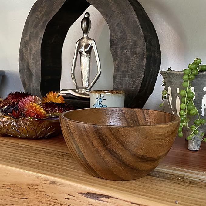 Wooden Bowl Set of 4, Small Acacia Wood Bowls, 5” Diameter, 2.5” Tall, 8 oz Capacity, Handcrafted Bowls for Salad, Snacks, Fruit & Kitchen Gifting