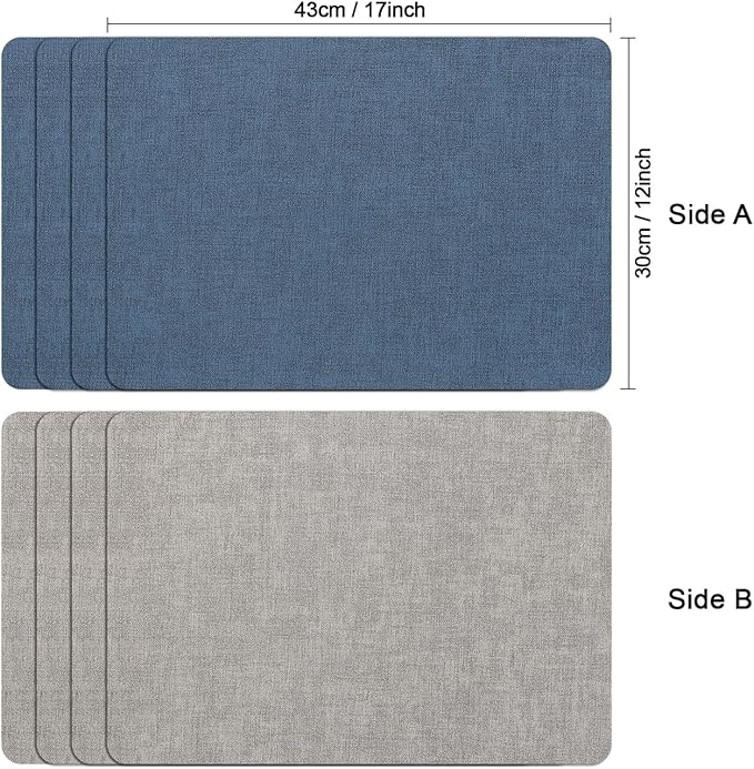 Myir JUN Reversible Vinyl Placemats Set of 8, Faux Leather Place Mats Dual Sided Waterproof Wipeable, Heat-Resistant Table Mats for Kitchen Dining Indoor Outdoor (12" x 17", Light Gray Navy Blue)