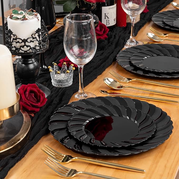 U-QE 60 Pcs Black Plastic Plates for Party – Black Plastic Disposable Heavy Duty – Include 30 10.25" Dinner & 30 7.25" Dessert Plate - Perfect for Parties, Weddings