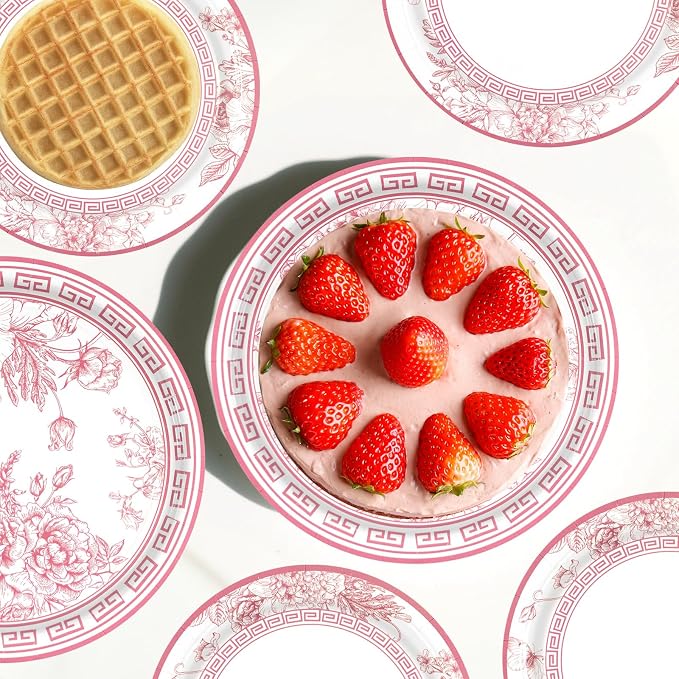 Pink White Floral Paper Plates and Napkins Party Supplies Serve 60 | 180PCS - Image 4