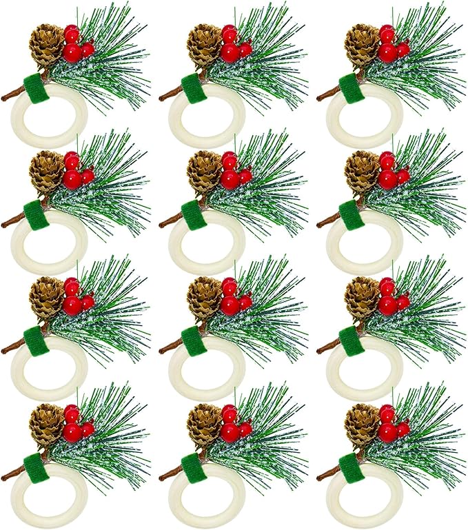 WINGFISH Christmas Napkin Rings Set of 12 Snowy Pine Cone Poinsettia Red Berry Wooden Napkin Rings Christmas Napkin Holders Decor for Xmas Holiday Party Gathering Dinner
