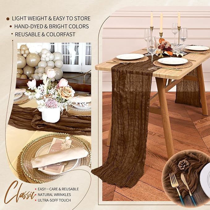 Showgeous 2 Pack Brown Cheesecloth Table Runners Boho Wedding Decor | Rustic - Image 5