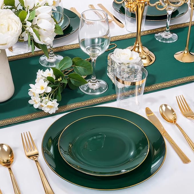 Nervure 100Pcs Green and Gold Plastic Plates - 7.5inch Disposable Green Dessert/Salad Plates - Heavy Duty Plastic Plate Ideal for Wedding & Party
