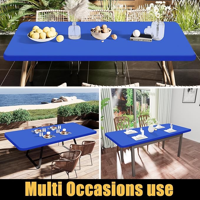Smiry Rectangle Tablecloth, Elastic Fitted Flannel Backed Vinyl Tablecloths for 8ft Folding Tables, Waterproof Wipeable Table Covers for Indoor, Outdoor, Picnic and Camping (Blue, 30"x96")