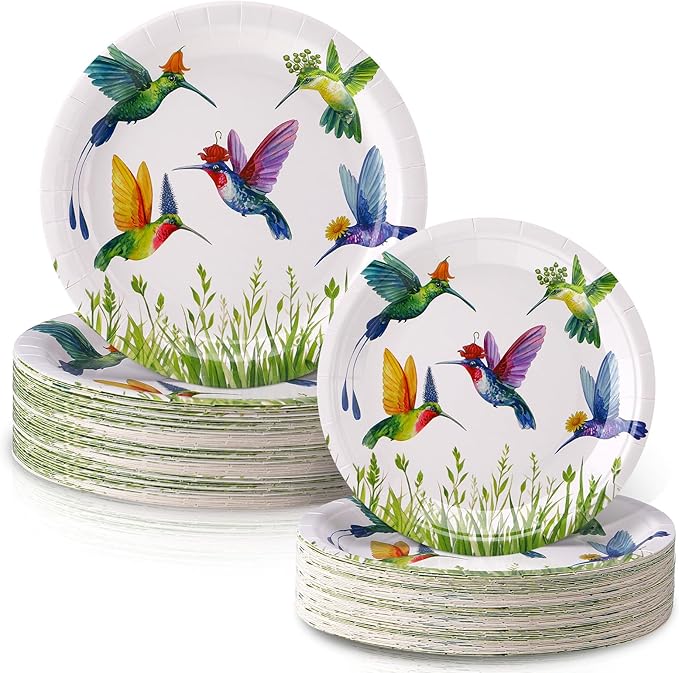 48 Pcs Hummingbird Plates Set Include 9 Inch and 7 Inch Spring Watercolor Disposable Plates Summer Decorative Dinner Birthday Party Tableware for Baby Shower Party Supplies