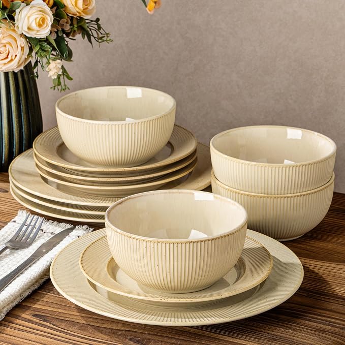 Ceramic Dinnerware Set for 4, 12-Piece Plates and Bowls Set | Lightweight by TheTerra