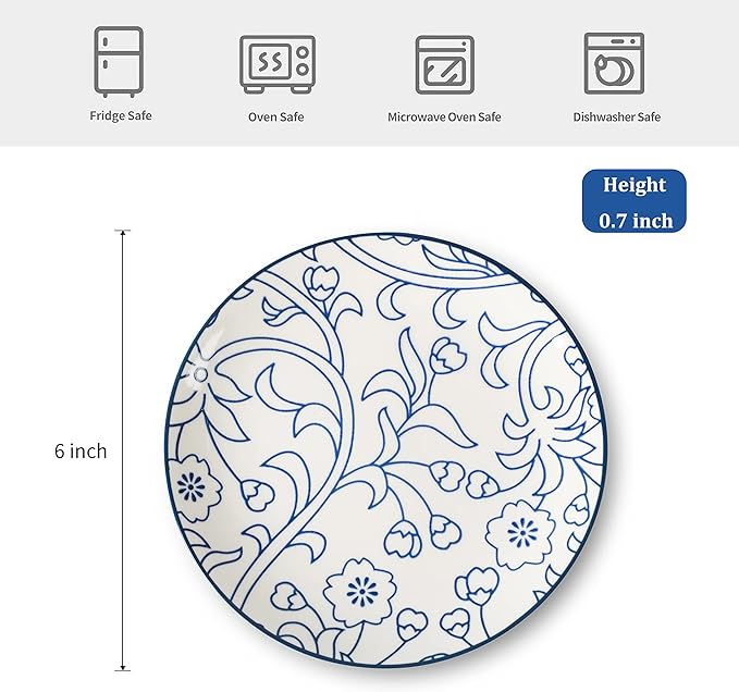 Selamica Ceramic Dessert Plates Set of 6, 6 Inch Appetizer Plates for Kitchen, Microwave & Dishwasher Safe, Vintage Blue