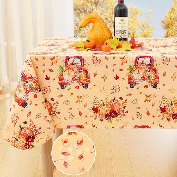 Smiry Fall Rectangle Table Cloth, Waterproof Vinyl Tablecloth with Flannel Backing, Wipeable Autumn Pumpkin Truck Plastic Tablecloths for Harvest and Thanksgiving Parties, (60"x102", Yellow)