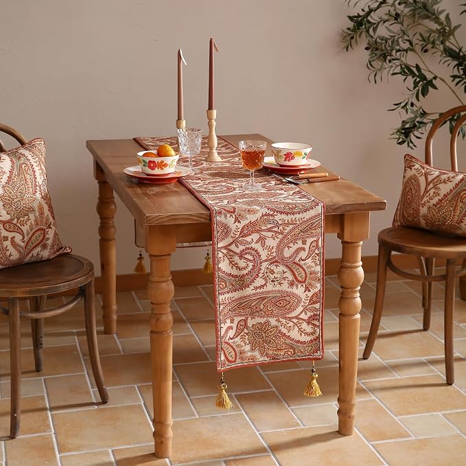 Designer French Linen Long Table Runner, Cashew Pattern, Dining Table, Kitchen - Image 6