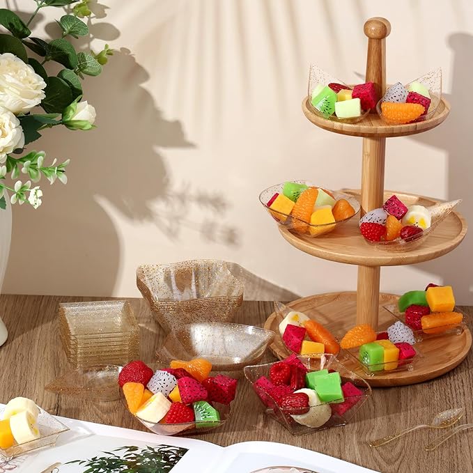 Tessco 800 Pcs Mini Appetizer Plates Set Including 400 Disposable Dessert Plates Assorted Shape 200 Mini Plastic Forks 200 Plastic Spoons for Party(Clear, Gold,Glitter)