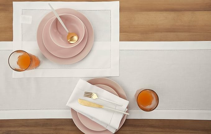 Solino Home Cotton Linen Dining Table Runner White Hemstitch, 14 x 72 in | - Image 3