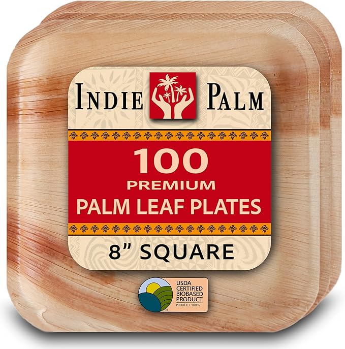 Indie Palm Disposable Palm Leaf Plates – 100 Pack 8 Inch Square – Heavy Duty, 100% Compostable & Biodegradable – Eco-Friendly Alternative to Plastic & Bamboo – Perfect for Parties & Events