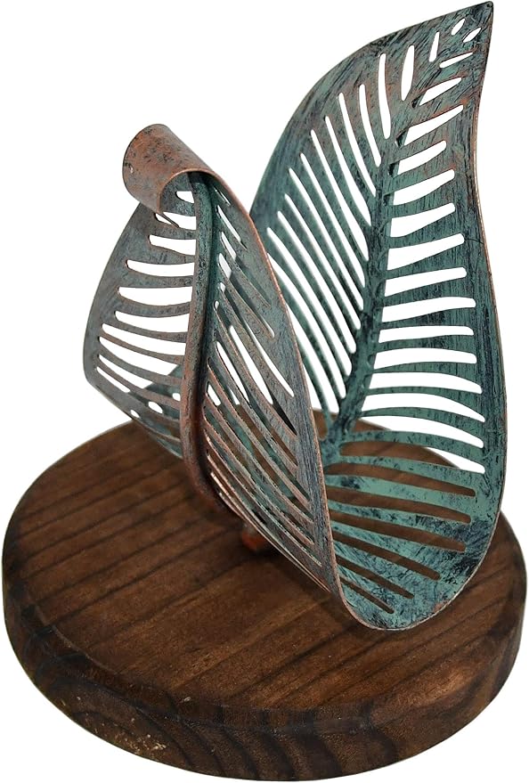 OwlGift Freestanding Modern Napkin Holder w/Golden Turquoise Metal Leaf & Brown Wooden Base Design, Tabletop Tissue Dispenser, Napkin Storage Organizer