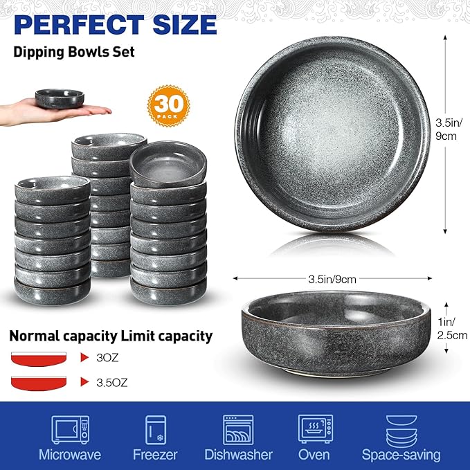 Roshtia 30 Pieces Ceramic Soy Sauce Dish 3.5 Inch Porcelain Dipping Bowls 3oz Multipurpose Small Bowl Mini Serving Dinnerware for Pinch Seasoning Appetizer Soy Sushi(Gray)