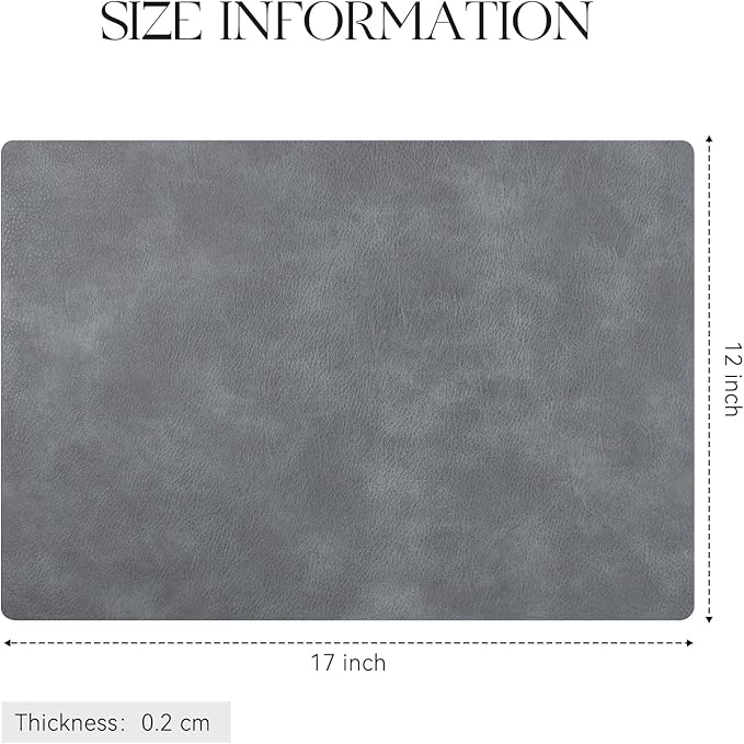 MOSAYT Vinyl Placemats Set of 6-12 X 17 Inch - Faux Leather 100% Waterproof Oil-Proof Wipeable PU Place Mats, Heat Resistant Reversible Table Mats for Kitchen, Dining, Outdoor (Grey)