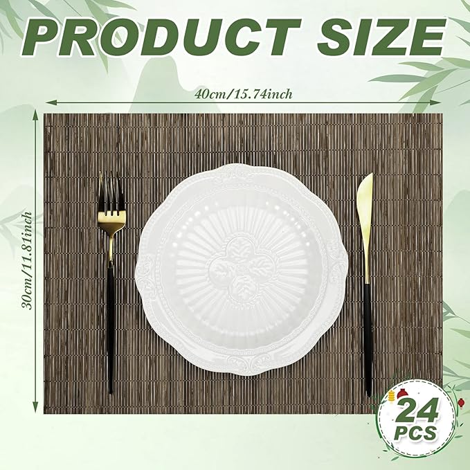 Set of 24 Bamboo Placemats 15.8x12 Inch Sushi Rolling Mat Japanese Style Wicker Placemats Washable Heat Resistant Table Mats for Dinner Kitchen Wedding Party(Light Brown)