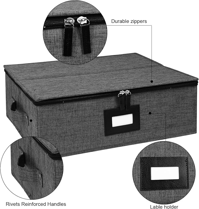 China Storage Containers 2 Pack, Platter Storage Containers 17" x 13" x 6" for Dinnerware Storage and Transport, 5 Felt Dividers Included, Structured Top and Stackable (Black)