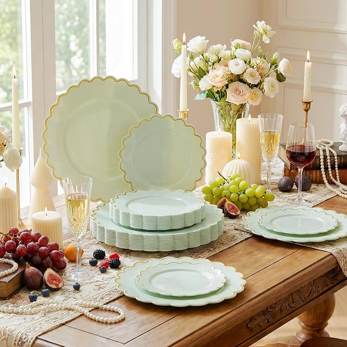 LIYH 100 Sage Green Scalloped Plastic Plates - Image 4