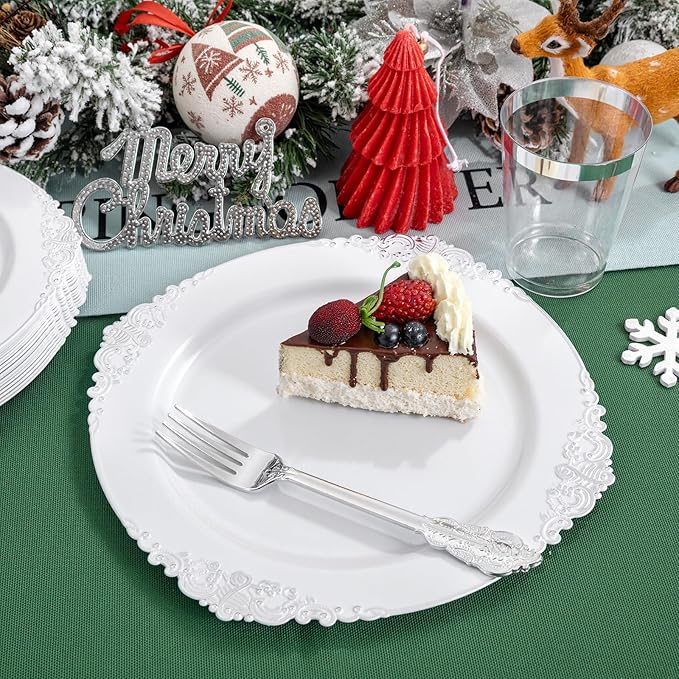 Liacere 350PCS Silver Plastic Plates&Pre Rolled Napkins for 50 Guests - Plastic Dinnerware Sets 100Silver Disposable Plates, 150Silver Silverware, 50Cups and 50Napkins for Christmas