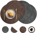 Round Placemats and Coasters Set of 4, Washable Reversible Faux Leather Placemats Cowhide Pattern Place Mats Wipeable Non-Slip 15 inch Round Kitchen Dining Table Mats (Gray Dark Coffee, 4)