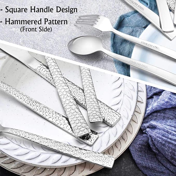 E-far 60-Piece Silverware Set, Hammered Stainless Steel Square Flatware Cutlery - Image 4