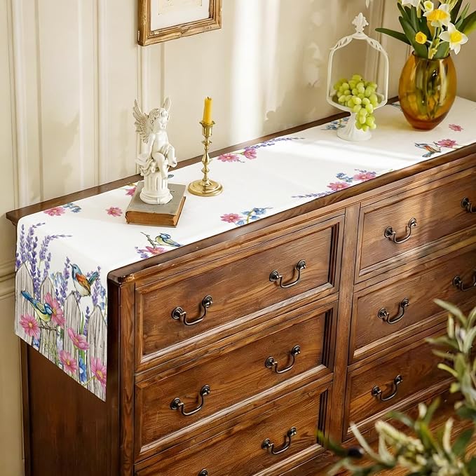 Summer Garden Floral Table Runner Rustic Birds Burlap Table Runners, Spring - Image 5