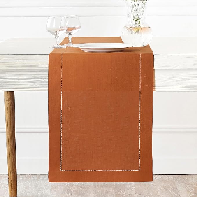 D'Moksha Homes Linen Rust Table Runner 72 Inches Long - 100% Pure Linen Hemstitch Table Runner 14 x 72 Inch for Dresser, Dining and Spring, Easter - Classic Hemstitch