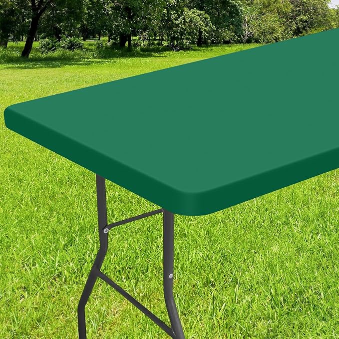 Smiry Rectangle Tablecloth, Elastic Fitted Flannel Backed Vinyl Tablecloths for 6ft Folding Tables, Waterproof Wipeable Table Covers for Indoor, Outdoor, Picnic and Camping (Emerald Green, 30"x72")