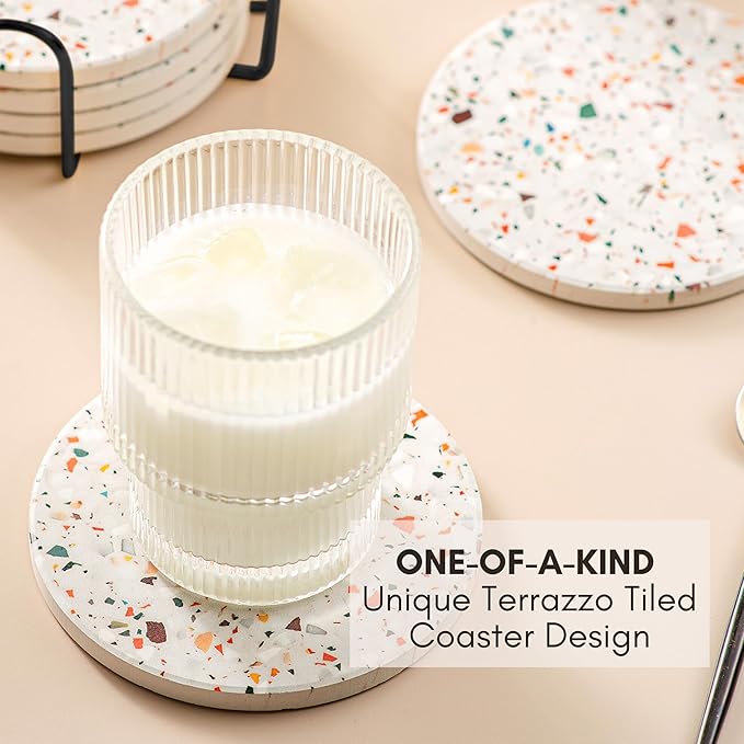 Terrazzo Coasters Set of 6, Ceramic Absorbent Drink Coasters, Cute Moisture Absorbing Coaster, Coffee Table Desk Decor, Colorful Stone Coaster for Drinks (Marble with Black Holder)