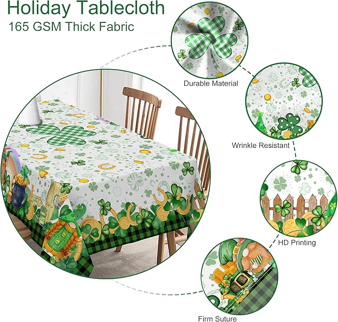 St Patricks Day Tablecloth, St Patricks Table Cloth Rectangle 60 x 104 with Shamrock Gnome, Saint Patricks Day Oblong Tablecloth Buffalo Check Plaid Kitchen Table Cover for Dining Room Indoor Decor