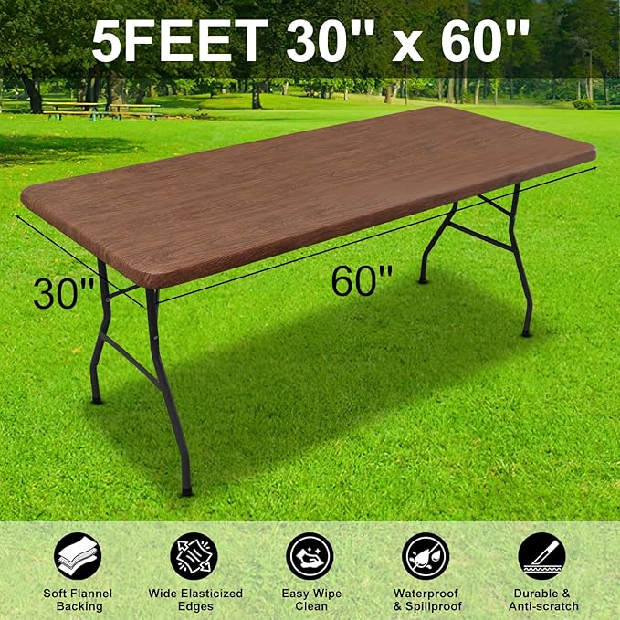 Smiry Rectangle Table Cloth Cover, Waterproof Elastic Fitted Picnic Tablecloth for 5 Foot Tables, Wipeable Flannel Backed Vinyl Tablecloths for Camping, Dining, Outdoor (Brown, 30" x 60")