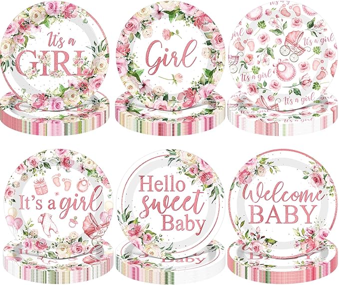 60 Pcs 7 Inch Baby Shower Paper Plates Girl Pink Floral Baby Shower Plates Decorations Sweet Tableware It's a Girl Party Supplies Favors for Gender Reveal Theme Party