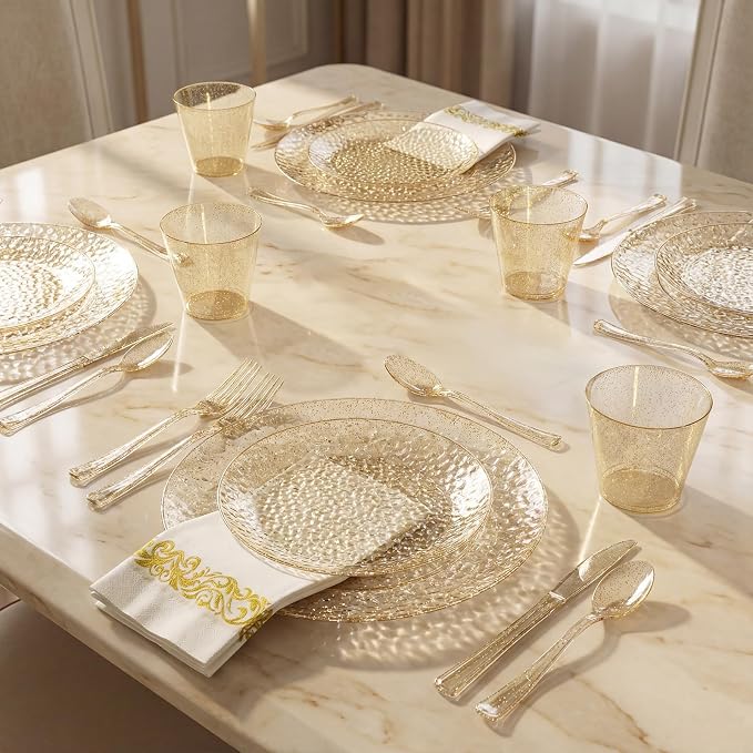 Rubtlamp 175 Pcs Gold Glitter Plastic Plates, Hammered Disposable Plates Set - Image 4