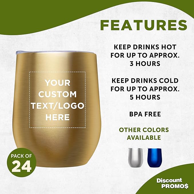 Custom Stemless Wine Glass Tumblers with Lids by Largo 11 oz. Set of 24, Personalized Bulk Pack - Perfect for Wine, Cocktails, Other Hot & Cold Beverages - Gold