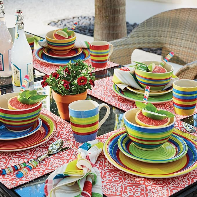 BrylaneHome 16 Piece Santa Fe Dinnerware Set (Service for 4), Includes Dinner & Salad or Dessert Plates, Bowls, Mugs, Colorful Stripe Southwestern Fiesta Pattern - Multi Stripe