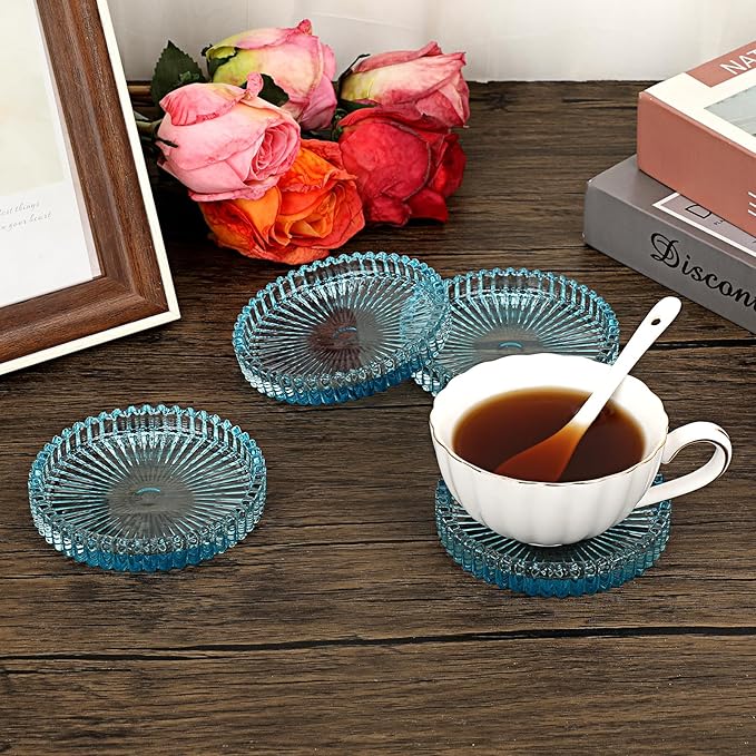 JUXYES 5 Pack Clear Blue Crystal Coasters Round Cup Mat, Glass Coasters for Drinks Coffee Tea Wine, Decorative Wine Bottle Coaster, Crystal Drink Coasters for Restaurant bar Kitchen Dining Table