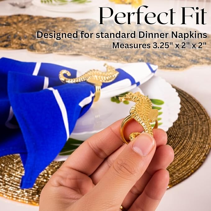 Seahorse Napkin Rings Set of 12, Metal Napkin Holders, Serviette Rings for Coastal, Nautical, Beach, Ocean Theme Table Decor, Wedding Decorations, Summer Party (Gold) - ALPHA Living HOME