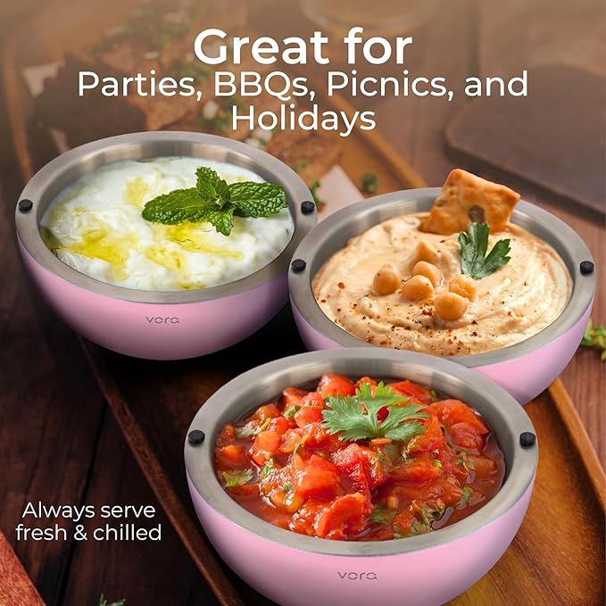Vora 35oz Stainless Steel Chilled Serving Bowl - 1 Pack Insulated Serving Bowl with Anti Slip Base, Funnel & Plugs to Keep Dips, Salads & Appetizers Cold - Ice Bowls to Keep Food Cold for Parties