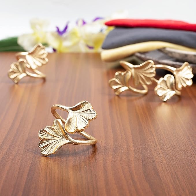 CLEENTABLE Ginkgo Leaf Napkin Rings Set of 10 - Holiday Napkin Rings Decorative Metal Napkin Holders for Wedding Party Holiday Banquet Christmas Dinner Delicate Serviette Buckles Decor (Gold)