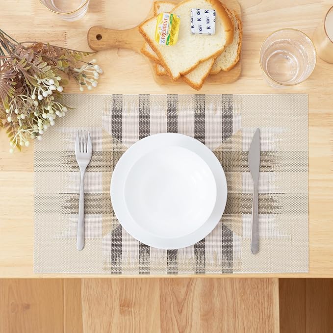 Winknowl Placemats Set of 8, Heat Resistant Stain Resistant Woven Vinyl Insulation Place mats, Durable Washable Elegant Table Mats for Kitchen Dining Table Decor (Geometric Beige)
