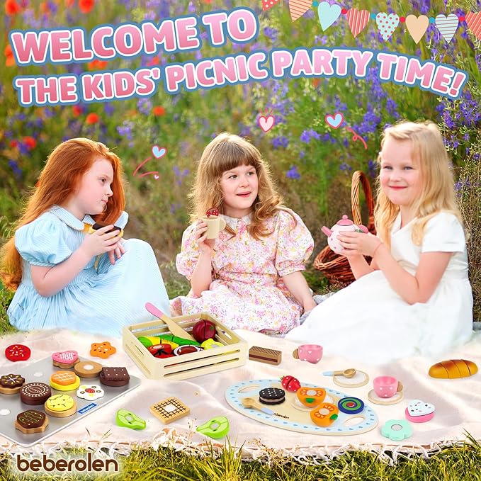 Wooden Tea Set for Little Girls Birthday Gift 3 4 5 Year Old Princess Toys | - Image 7