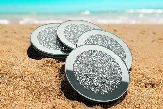 Crushed Diamond Crystal Glass Mirrored Round Coasters Set of 4 Glittering Bling Silver TRENDZY ® Drink Wine Coasters for Home Kitchen Bar & Restaurant Home Decor Birthday Wedding (Round)