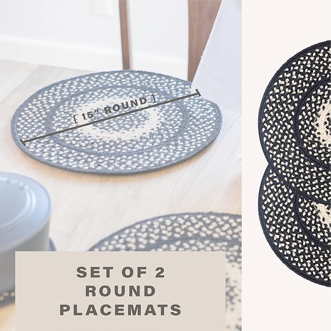 Homespice Manchester Round Braided Placemats, Country Primitive Decor, Set of 2, 15" Black and Tan Jute Table Mats - Vibrant Colors, Durable, Easy to Clean and Protects Furniture
