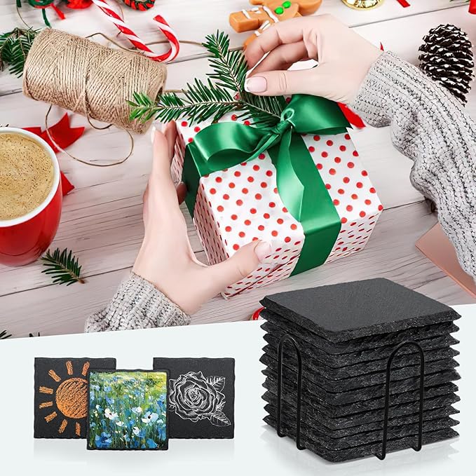 4 Pack 4 Inch Square Black Slate Coasters Set - Image 5