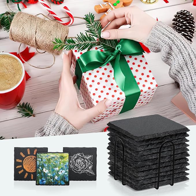 24 PCS Square Slate Drink Coasters Set, SIJDIEE 4 Inch Laser Engraving Black - Image 5