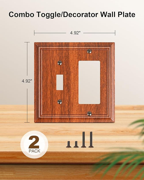 2-Pack Combo Toggle/Decorator Light Switch Cover Plate, Wood Grain Decorative Electrical Outlet Covers, Durable Natural Bamboo Fiber Switch Plates and Outlet Covers, Corrosion Resistant