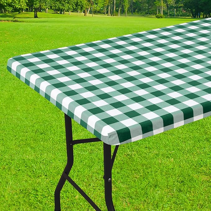Smiry Rectangle Picnic Table Cloth, Elastic Waterproof Fitted Vinyl Tablecloths, Flannel Backed Buffalo Plaid Table Covers for Dining, Camping, Outdoor (Emerald Green and White, 24" x 48")
