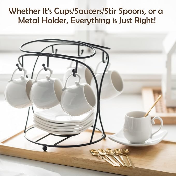 LYEOBOH Espresso Cups with Saucers Set, Porcelain Coffee Cups and Metal Stand - Image 4